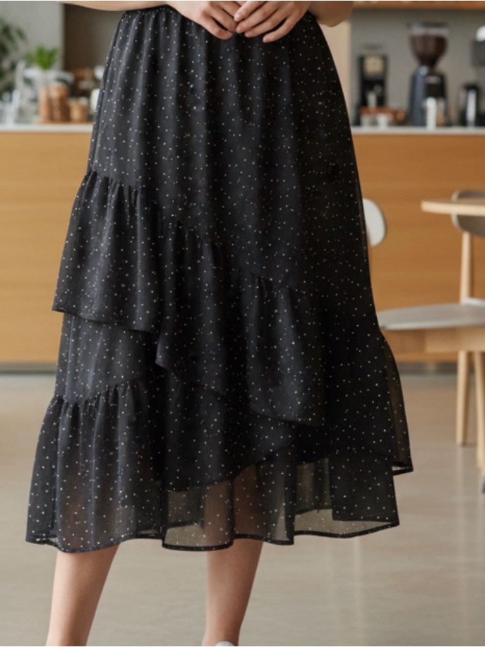 a new day Black Polka Dot Tiered Midi Skirt Large